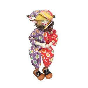 Vintage Ganz Ceramic Collectible Shelf Sitter Clown Doll W/Porcelain Face/Hands/